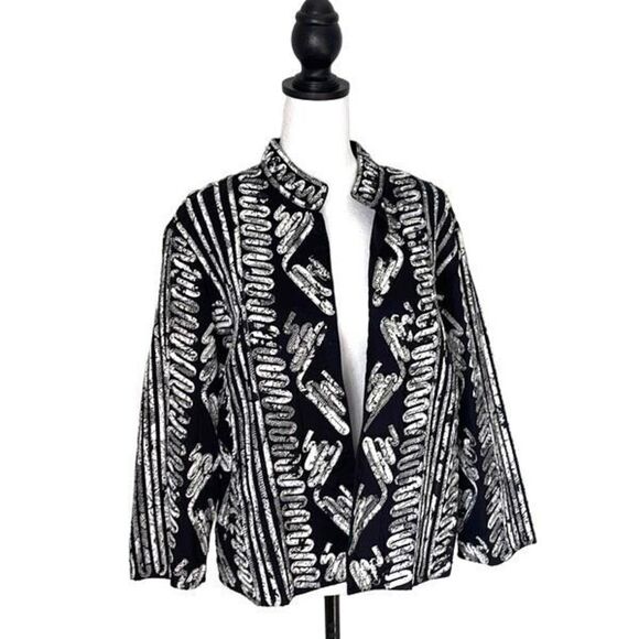 Chico's Women's Open Front Blazer Jacket Overlay Design Mock Neck Black Size 1 - Picture 1 of 6